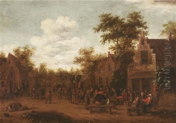 Das Dorffest. Vergnugte Bauersleut Vor Ihren Hausern. Im Hintergrund Ein Quacksalber, Seine Ware Feilbietend - view 1