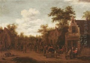 Das Dorffest. Vergnugte Bauersleut Vor Ihren Hausern. Im Hintergrund Ein Quacksalber, Seine Ware Feilbietend