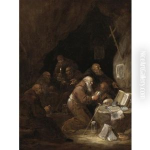 A Group Of Hermit Monks In A Grotto by Egbert Van Heemskerck