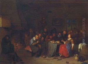 Peasants Smoking, Drinking And Playing Cards In A Tavern by Egbert Van Heemskerck
