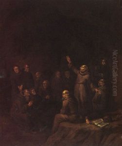 Monks Preaching And Praying In A Cave by Egbert Van Heemskerck