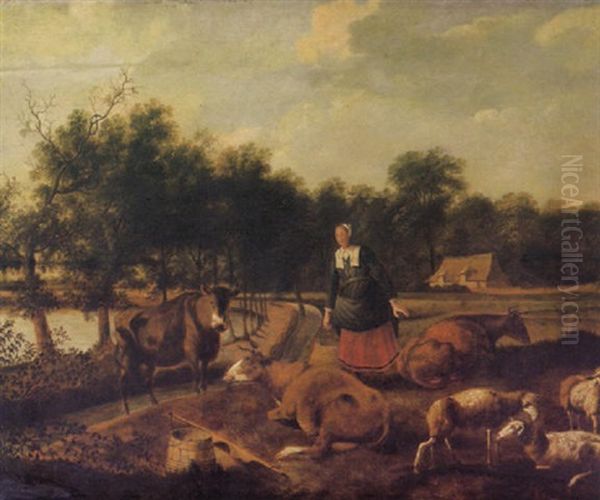 Bauersfrau Mit Kuhen Und Schafen Auf Der Weide - view 1