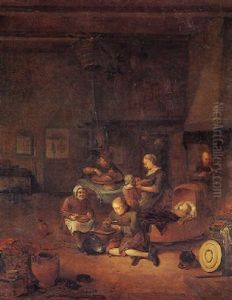 An Interior With A Peasant Family Dining
