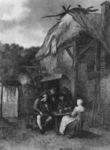 Drei Bauern Und Eine Frau Vor Dem Haus Sitzend by Egbert Van Heemskerck