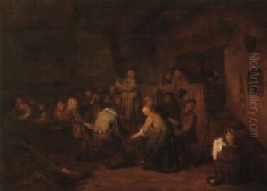 A Tavern Interior With Peasants Dancing by Egbert Van Heemskerck