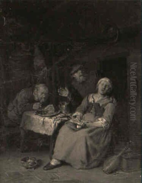 Villagers Smoking And Drinking Before A Hearth In An Interior - view 1