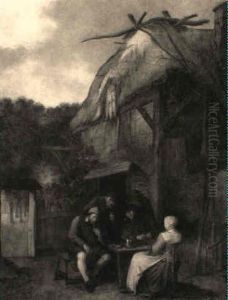 Drei Bauern Und Eine Frau Vor Dem Haus Sitzend by Egbert Van Heemskerck