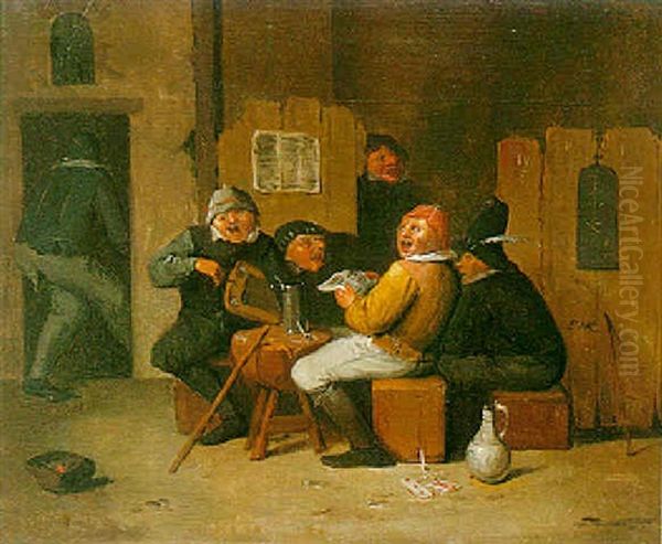 Tavern Interiors With Boors Playing Cards And Singing At A Table - view 1
