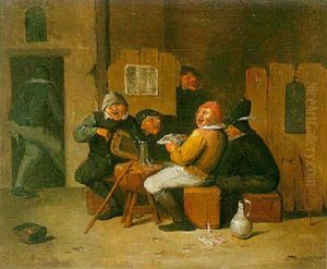 Tavern Interiors With Boors Playing Cards And      Singing At A Table by Egbert Van Heemskerck