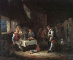 A Tavern Interior With A Soldier Greeting A Group Dining At A Table by Egbert Van Heemskerck