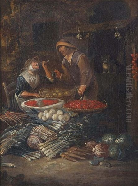 Peasants Selling Fruits And Vegetables Before A Stall - view 1