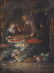 Peasants Selling Fruits And Vegetables Before A Stall by Egbert van Heemskerck the Younger