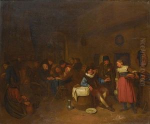 Tavern Interior With Boors Playing Cards And Drinking And A Serving Maid Holding A Joint Of Ham by Egbert van Heemskerck the Younger