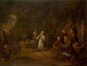 Monks At Prayer In A Grotto by Egbert van Heemskerck the Younger