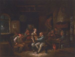 Boors Drinking And Gambling In A Tavern by Egbert van Heemskerck the Younger
