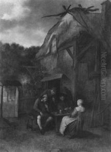Drei Bauern Und Eine Frau Vor Dem Haus Sitzend by Egbert van Heemskerck the Younger