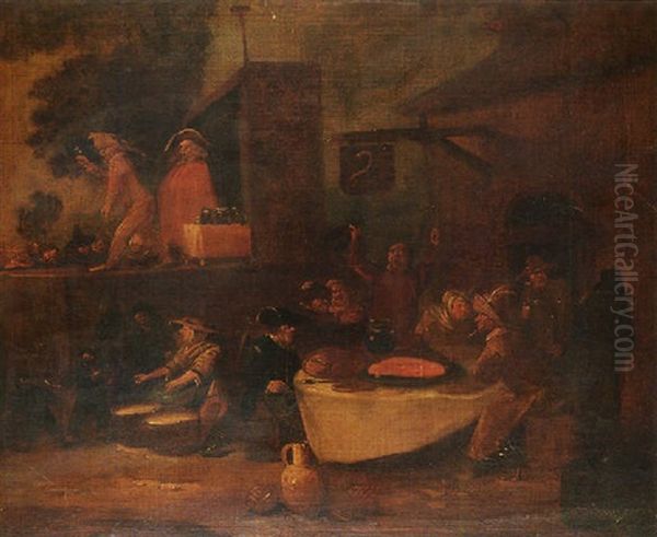 Peasants Merrymaking Outside An Inn With Commedia Dell'arte Players Beyond - view 1