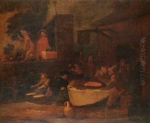 Peasants Merrymaking Outside An Inn With Commedia Dell'arte Players Beyond by Egbert van Heemskerck the Younger