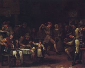 A Tavern Interior With A Peasant Dancing To The Music Of A Violin, Another Slicing Meat For Two Children, And Other Figures Conversing
