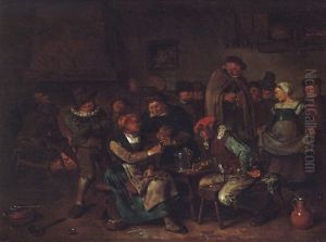 A Tavern Interior With Peasants Drinking And Conversing, Some Of Them Seated By The Fire by Egbert van Heemskerck the Younger