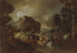 A Rocky Landscape With Travellers In A Horse Drawn Carriage, A Waterfall And Mountains Beyond by Egbert van Heemskerck the Younger