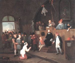 Interior Of A Courtroom With A Woman Pleading For Clemency by Egbert van Heemskerck the Younger