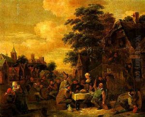 Boors Drinking And Smoking At Tables Outside An Inn