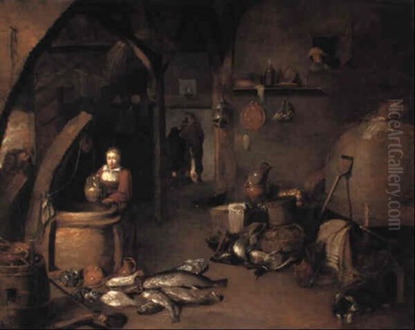 Kitchen Interior With Woman Drawing Water From Well - view 1