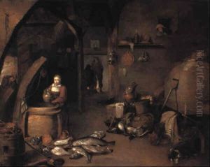 Kitchen Interior With Woman Drawing Water From Well