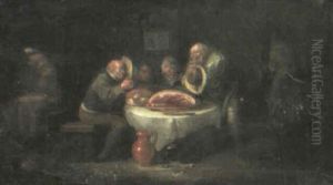 Boors In A Tavern Interior Saying Grace Before A Meal by Egbert van Heemskerck the Younger