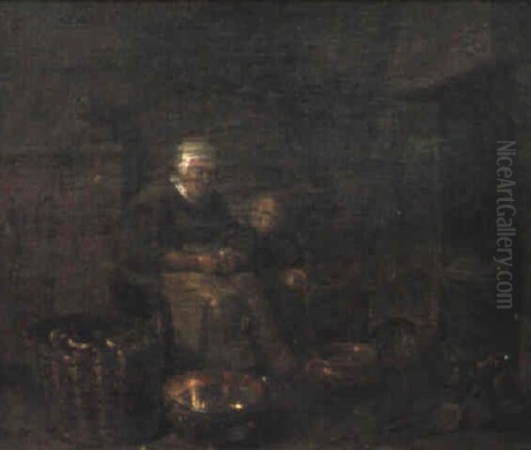 Kitchen Interior With An Old Lady And A Boy - view 1