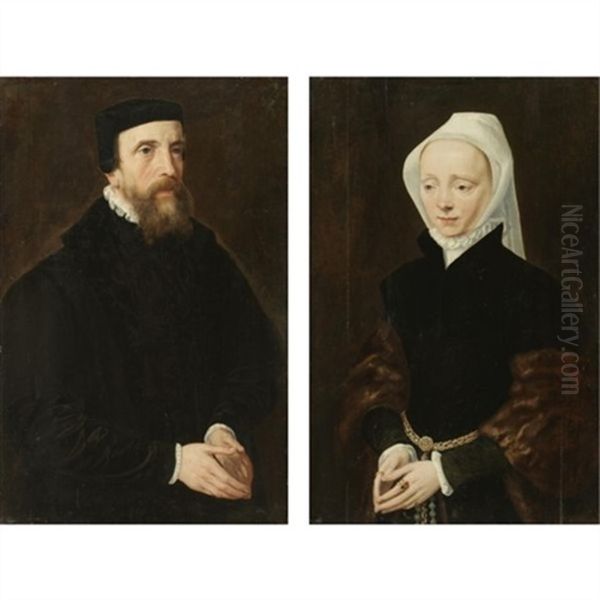 Portrait Of A Gentleman, Three-quarter Length, Wearing Black (+ Portrait Of His Wife, Three-quarter Length, Wearing A White Headscarf And An Ermine Wrap; Pair) - view 1