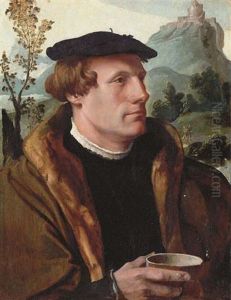 Portrait Of A Gentleman, Bust-length, In A Fur-lined Cloak, Holding A Bowl, A Mountainous Landscape Beyond