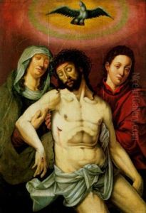 The Virgin And Saint John The Evangelist Supporting The Dead Christ, The Holy Spirit Above by Maerten Jacobsz van Heemskerck