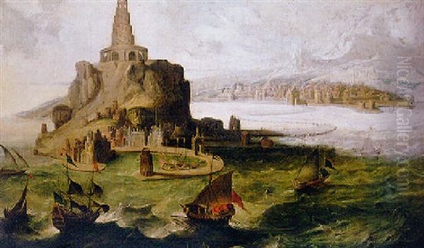 The Lighthouse At Alexandria, With Sailboats In Rough Seas In The Foreground - view 1