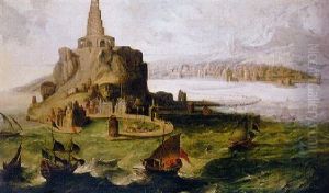 The Lighthouse At Alexandria, With Sailboats In Rough Seas In The Foreground