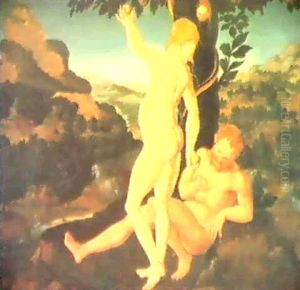 The Temptation Of Adam And Eve, With Their Expulsion From   The Garden Of Eden In The Middle Distance