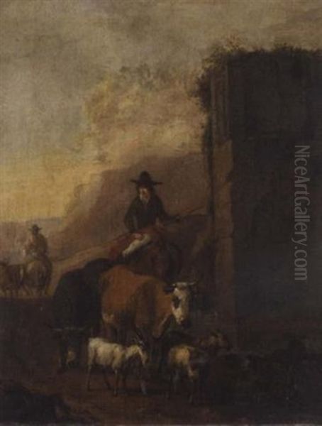 Drovers And Their Animals Beside A Ruin - view 1