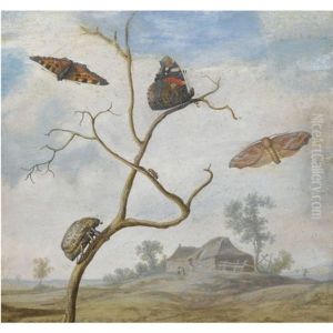 A Cockchafer On A Branch, Two Butterflies, A Moth And A Small Beetle Above, And A Landscape Behind by Margarethe de Heer