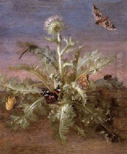 A Thistle Laiden With Insects Including Butterflies, A Dragonfly & A Grasshopper by Margarethe de Heer