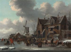 Winter Scene With Skaters On A Frozen Canal
