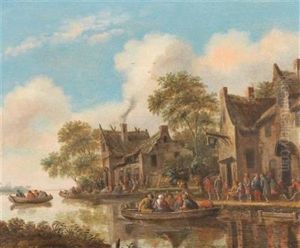 River Landscape With Ferry Boats And A Tavern by Thomas Heeremans
