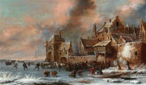 A Winter Landscape With Ice Skaters Outside The Gates Of A Town by Thomas Heeremans