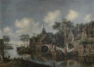 A Town By A Canal With Figures And Boats In The Foreground, A Church Beyond by Thomas Heeremans