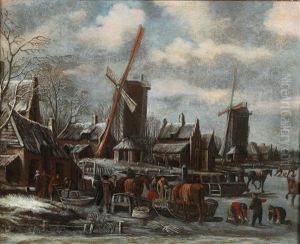 A Winter Landscape With A Village And Windmills by Thomas Heeremans