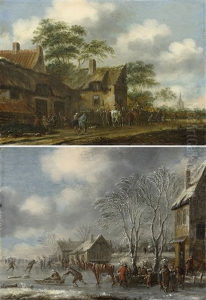 A Pair Of Pendants: A Winter Landscape With Skaters / A Village Scene With Figures Before An Inn - view 1