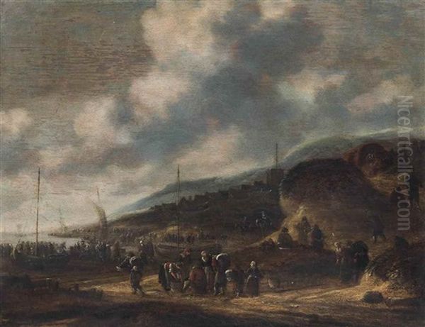 Figures Gathered By Boats On A Shore, A Group Distributing Fish, And A Wagon Travelling On A Path - view 1