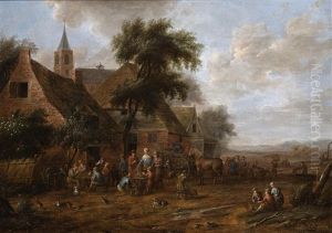 Women Selling Ducks And Poultry Near A Group Of Houses