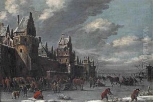 A Winter Landscape With Townsfolk Skating, Riding Sleighs And Conversing On A Frozen Moat by Thomas Heeremans