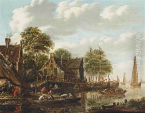 A River Landscape With Fishermen On Boats And Other Shipping Vessels by Thomas Heeremans